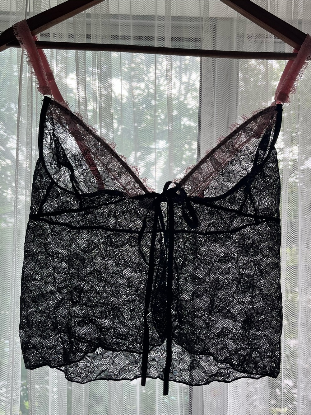 Black Lace Camisole with Pink Straps